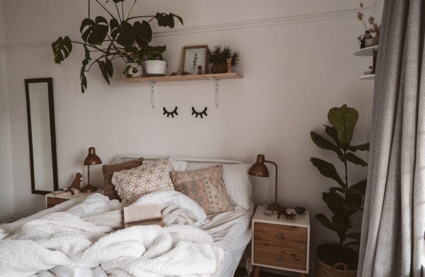White Bedroom with Throw Pillows and Plants