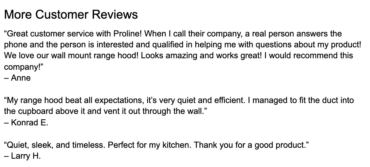 More Customer Reviews - Wall Mount Range Hoods