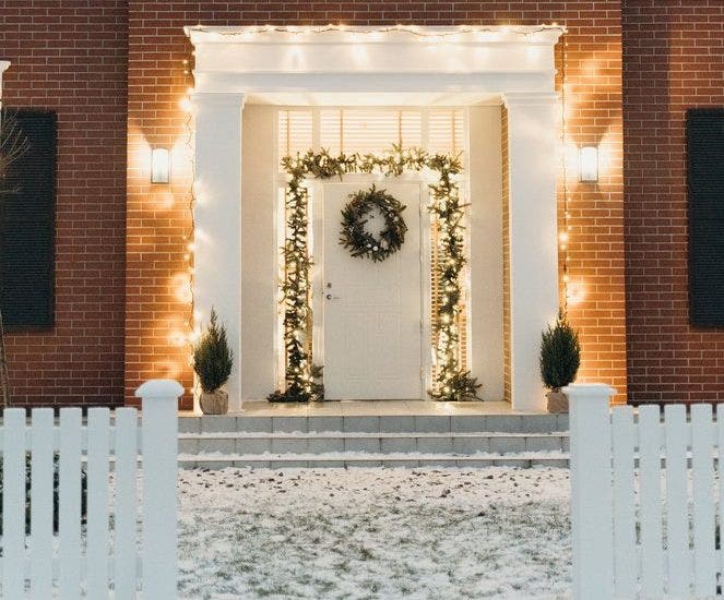 Entryway with Christmas Wreath and Lights