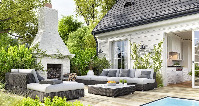 Outdoor Patio with Furniture and Chimney