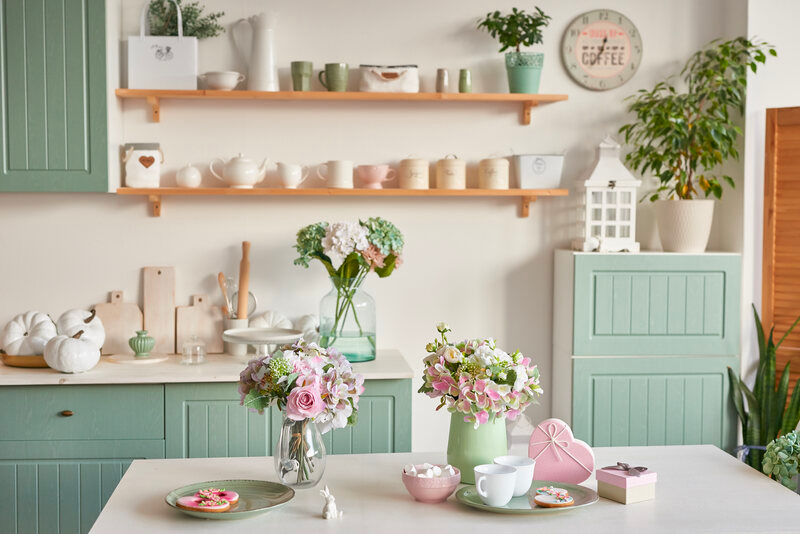 Pastel Green Kitchen with Open Shelving