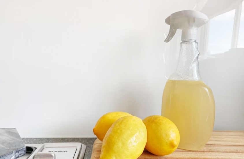 Homemade DIY cleaning Disinfectant sprays on a table with lemons