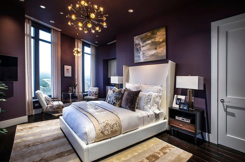 purple and white and gold bedroom design