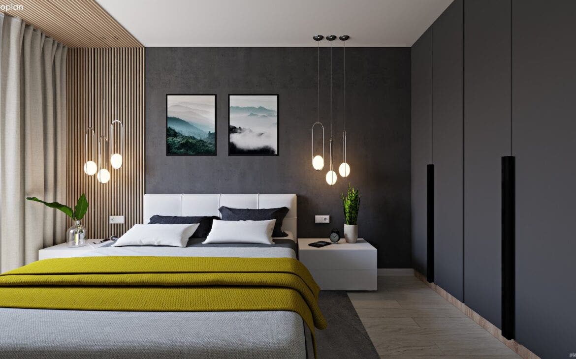modern and gray with green accents bedroom