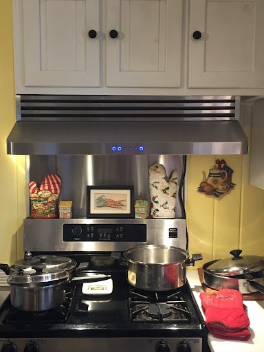 Ductless Under Cabinet Hood Over Stove Top with Pans