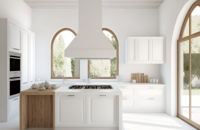 White kitchen a luxurious white kitchen with natural wood and plaster and a range hood, a full view of the range, Mediterranean style modern kitchen, very minimal and calm - range buyer's guuide