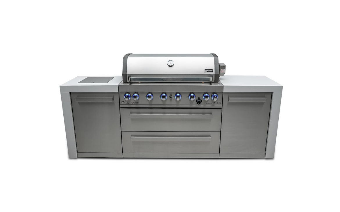 MCP Island Grills 3 in 1 Island 8 Zone BBQ Outdoor Electric Grill Kitchen,  Propane or Natural Gas, with Sink, Side Burner, LED Lights on Knobs, and