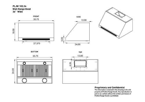 dimensions for 36 inch wall mounted range hood